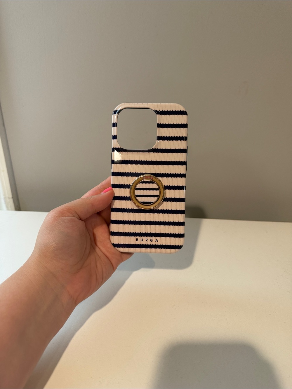 Burga Navy & White Striped Phone Case with Gold Ring